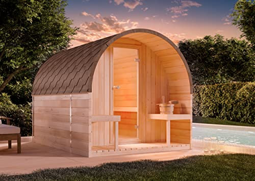 FinnTherm Fasssauna aus Holz ScandiPod Premium, Outdoor-Sauna mit Terrasse, Außensauna Garten mit 42 mm Wandstärke, Saunahaus 204 x 285 x 210 cm, naturbehandelt oder Thermoholz