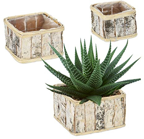 Relaxdays Blumentopf, 3 Größen, rechteckig, Birke, Pflanzentöpfe mit Folie, Pflanzkörbe für innen und außen, weiß/Natur
