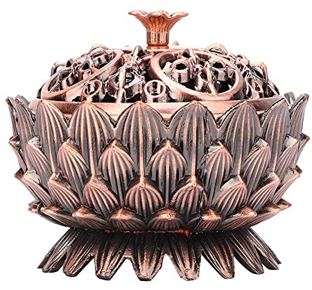Lotus Räuchergefäß mit Deckel, 7 × 5cm Mini Hollow Räucherschale Räuchergefäß Vintage Weihrauchbehälter, Räucherstäbchenhalter für Zuhause BüroTeehaus Dekoration(Kupfer)