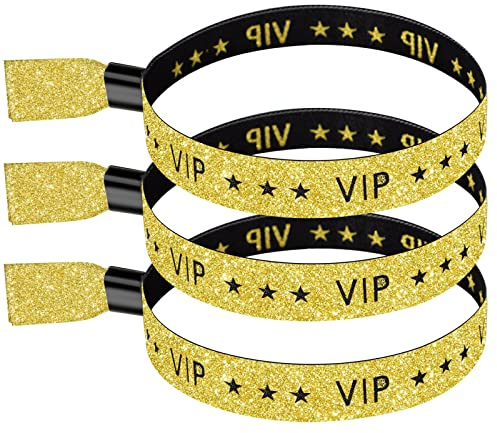 100 Pcs VIP Wristbands for Events, Premium Cloth Fabric Wrist Bands with Shimmering Lurex Jacquard Weaving, Adjustable Disposable Security Lock Bracelets for Festivals, Nightclubs and Party,Gold