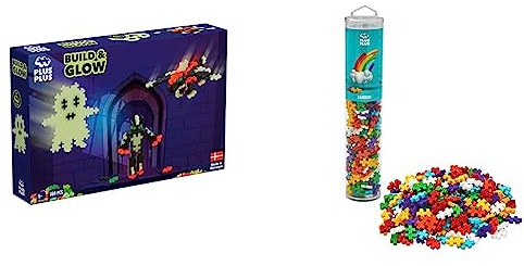 Plus-Plus 9603808 Mini Geniales Konstruktionsspielzeug, Build and Glow & 9604262 Geniales Konstruktionsspielzeug, Regenbogen, Kreativ-Bausteine Tube, 240 Teile, Mehrfarbig, Mini