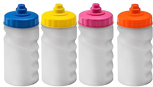 Foxberry 300ml Children's Small Reusable Water Bottles - 4 Pack - Hands Free Lid - Spill Proof - Leakproof Spout - BPA Free - Dishwasher Safe - Sports - School - Clubs (Blue Yellow Pink Orange)