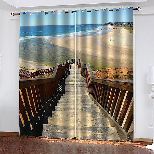 Blickdicht Blackout Vorhang Mit Ösen Schalldämmend Gardinen Polyester 3D Bedruckt Strand Holzleiter Landschaft Für Wohnzimmer Schlafzimmer Kinder Oder Babyzimmer 220 X 215 cm (B X H) - Verdunkelungsv