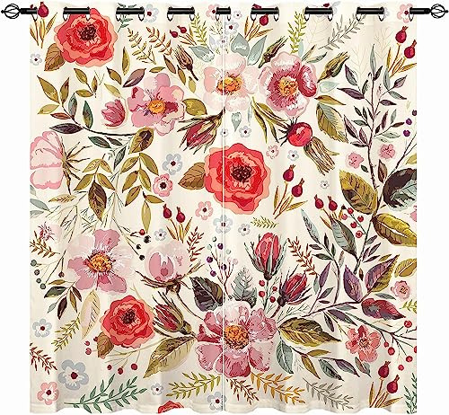 YUANZU Vintage Vorhänge Boho Stil Aquarell Blumen Ösen Gardinen mit Blickdichte Thermo Vorhang Kälteschutz Blackout Curtain Mädchenzimmer Schlafzimmer Verdunkelung Fenster, 2 Stück, H 160 x B 106 cm