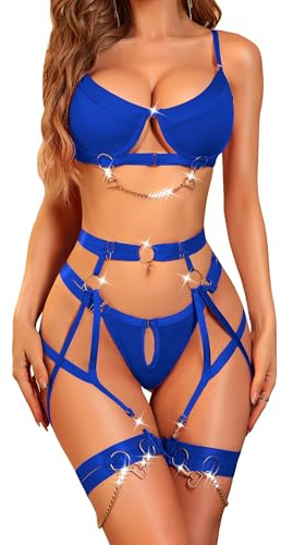 RSLOVE Lingerie Sexy pour Femme Ensemble de Soutien-Gorge et Culotte avec Porte-Jarretelles et Menottes Cuisse Bleu XXL