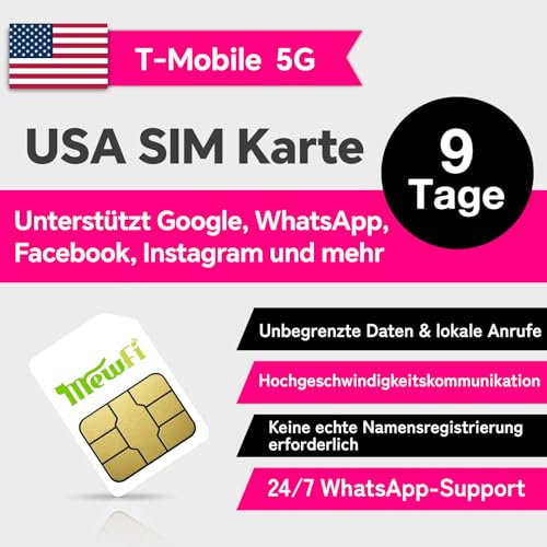 USA Prepaid SIM-Karte 9 Tage, Aktivierung erforderlich, T-Mobile unbegrenzt 5G/4G High-Speed-Kommunikationsnetz, unbegrenzte Ortsgespräche & SMS