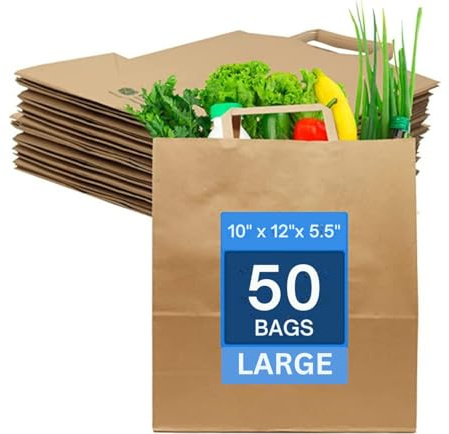 Papiertüten mit Griffen - 50 große braune Papiertüten (B 24 cm x T 14 cm x H 29 cm) große SOS-Krafttüten - perfekt für Mittagessen, Party, Geschenk, Lagerung, Verpackung, Kuchen, Lebensmittel,