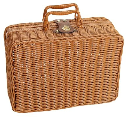 HERCHR Gewebte Picknickbox, Holz-Picknickkorb Mit Geteiltem Deckel, Kunststoff-Rattan, Geruchlos, Retro-gewebte Aufbewahrungsbox Mit Ringförmigem Griff Für Picknick, Camping, Outdoor(L-braun)