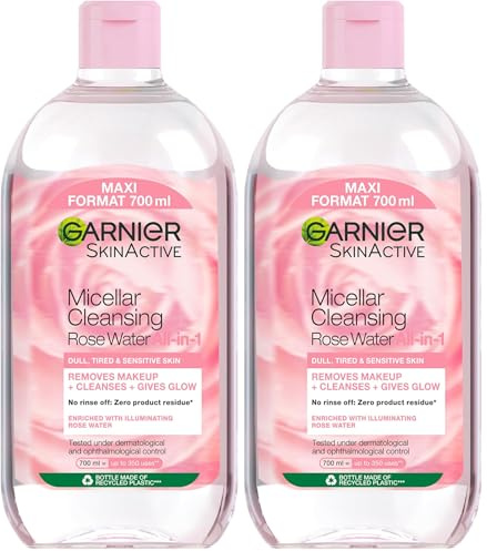 Garnier Mizellen Reinigungswasser, All-in-1 Reinigung mit Rosenwasser, Gesichtswasser für eine sanfte Reinigung und schonendes Abschminken, SkinActive, 1 x 700 ml (Packung mit 2)