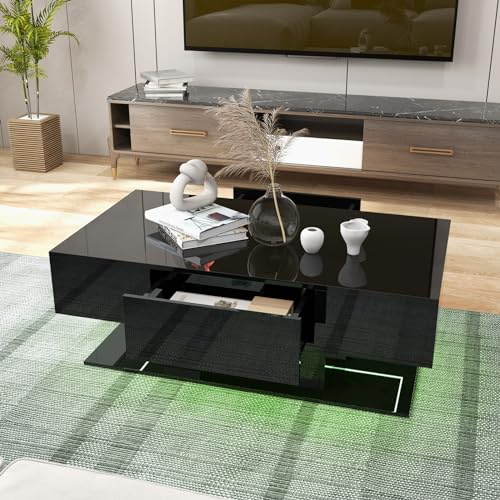 GOPLUS Mesa de Centro con LED Moderna, Mesa Baja Rectangular de 2 Niveles con 2 Cajones de Almacenamiento, 20 Colores LED, Mando a Distancia, Mesas de Café para Salón Carga 100KG, 110x60x40cm (Negro)