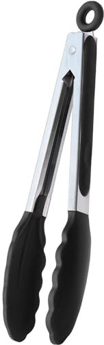 Pinzas de cocina, Pinzas de barbacoa, Pinza para cocinar, Material de acero inoxidable con silicona, Apta para alimentos, Pinza Ensalada, Libre de BPA, Mango Anti-Deslizante, Negro, Longitud 21.4 cm