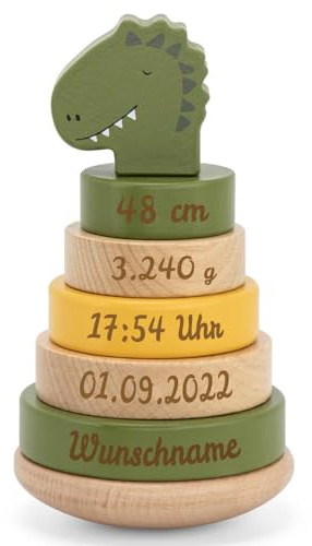 Elefantasie Personalisierter Stapelturm aus Holz von Trixie mit Namen und Geburtsdaten graviert Geburtsgeschenk Dinosaurier