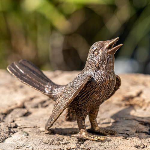 IDYL Bronze-Skulptur Vogel Flügel auf | 8x6x11 cm | Tierfigur aus Bronze handgefertigt | Gartenskulptur oder Teich-Dekoration | Hochwertiges Kunsthandwerk | Wetterfest