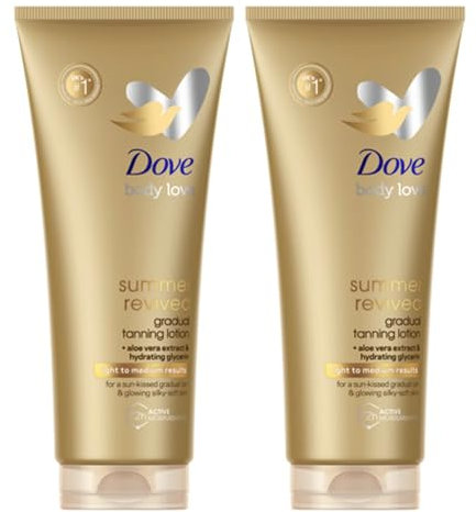 Dove Summer Revived Light to Medium Gradual Tanning Lotion for a gradual tan and natural, radiant glow non‑greasy self-tan for all skin types 200 ml x2