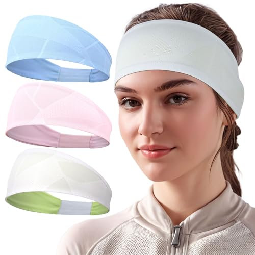 Sport Stirnbänd Herren Damen - Double Sided Dünn Dehnbare rutschfest Haarband, Atmungsaktiv Schweißband Stirn für Fitness, Laufen, Radfahren, Wandern(3 Pack) (Himmelblau+Pink+Weiß)