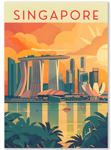 Happymotive Städteposter | Singapur Retro Poster Vintage | Schlafzimmer Deko Bild im Hochformat | Bilder Wohnzimmer | Kunstdrucke in DIN A2, DIN A3, DIN A4 300g Papier ohne Rahmen