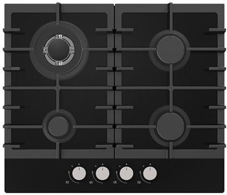 Statesman GH160GB 4 Zone Gas Glass Hob, Front Dial Control, Automatic Ignition, 60 cm, Includes LPG Conversion Kit, Durable Cast Iron Pan Supports, Black