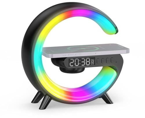 Smiling Shark Intelligente Lampe Ambiance, Lampes de Réveil Lumière avec Charge Sans Fil & Haut-Parleur Bluetooth Simulateur D'aube Bouton Contrôle 10 Mode Lumière Lampe de Reveil pour Chambre Salon