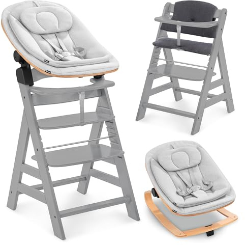 hauck Alpha+ Hochstuhl Newborn Set mit Eco Bouncer - Grau | Mitwachsender Holz Kinderhochstuhl ab Geburt bis 90 kg | inkl. Neugeborenenaufsatz & Sitzkissen