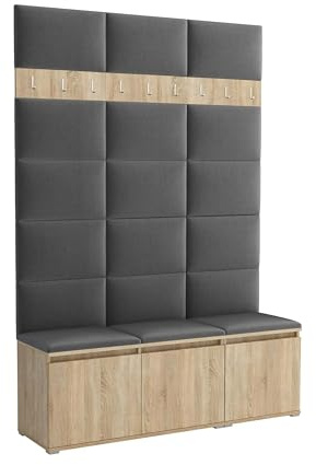 Brent - Garderobenschrank Flur Sonoma Eiche mit sitzbank 150 cm Breit Luton 3 - Multifunktionale Flurgarderobe Set mit Stauraum und Wandpaneel, Garderobe mit Sitzfläche und Kleiderhaken