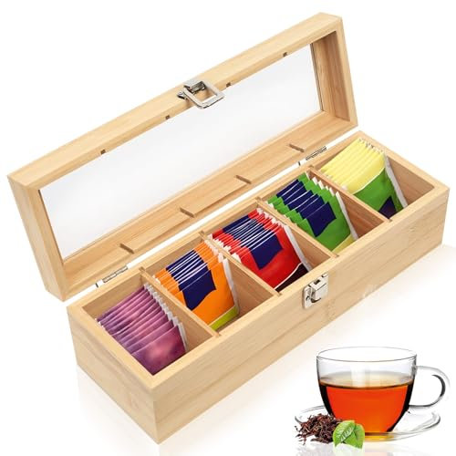 SiGuLiKeJi Wooden Tea Box Organiser, Bamboo Tea Boxes with Compartments 5, Tea Bag Storage Organiser with Clear Window, Tea Caddy for Tea Bags Coffee Spices Home Kitchen Bar, 11.8x3.94x3.54