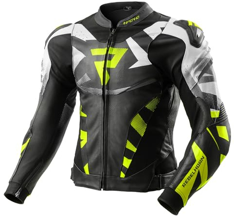 REBELHORN Inferno motorcykeljacka herr | läder | armbåge, axel och ryggskydd RE ZRO nivå 2 | axelslip | In&Out vindtät väst | ventilationspaneler | storlekar upp till 62, Svart/vit/fluo gul, 54
