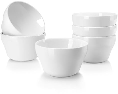 Flexzion Bouillon Cup and Soup Bowls 8 oz - Porcelain 8 Ounce Small Dessert Bowls, Dipping Sauce Bowl, Set of 6, Microwave and Dishwasher Safe, White