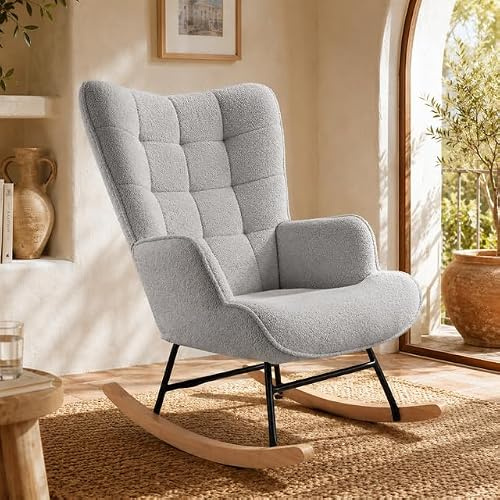 MGMYM Sedia a dondolo con schienale alto e braccioli, poltrona da allattamento con gambe in legno massello, per soggiorno, camera da letto, balcone, Velluto Teddy, Grigio chiaro