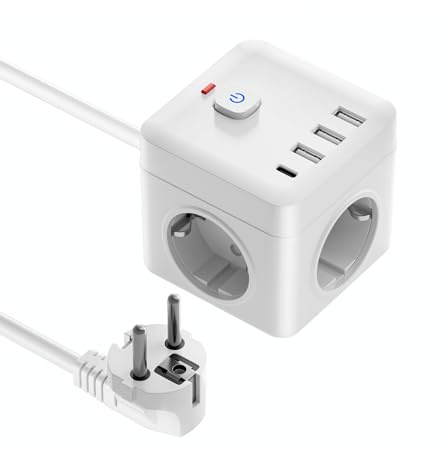 3 Fach Steckdosenwürfel mit USB C, 1,5m langem Verlängerungskabel, Weiß | Mehrfachsteckdose mit 3 USB-A & 1 USB-C, Steckdosenleiste mit Flachstecker, Überlastschutz & Schalter für Büro Zuhause Reisen