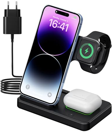 Cargador Inalámbrico 4 en 1 Estación de Carga Plegable 15W para iPhone 15/15 Plus/15 Pro/15 Pro Max/14/13/12/11/XS/XR/SE y Apple Watch Ultra/9/8/7/6/5/4/3/2 SE, AirPods Pro – Base de Carga Rápida Qi