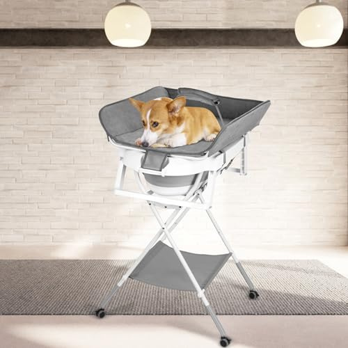 Somerway Hundebadewanne, 2-in-1 Hundewaschstation, Badewanne für Haustiere, Faltbare tragbare Duschbadewanne, 3-stufige Verstellung + 4 Rollen, für kleine Hunde, Katzen (Grau)