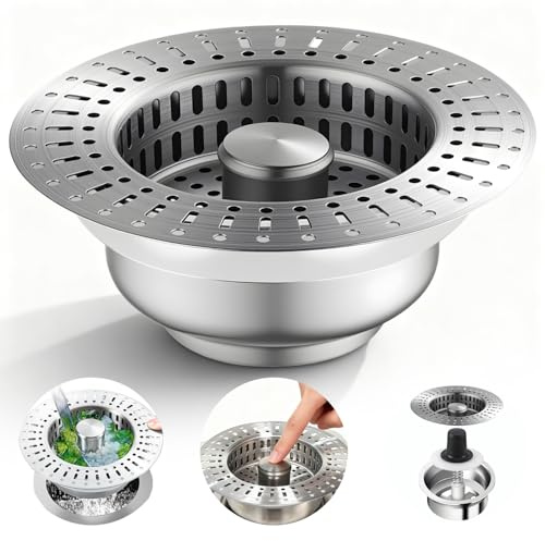 Abflusssieb für Küchenspüle aus Edelstahl 3in1 Spülbecken Sieb Pop-up Abflussstopfen mit Abflusssieb Küchenspüle für Standard Abflussöffnungen Verstopfungsfreie Abflussfilterarmaturen