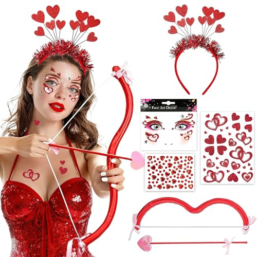 PeakPeek Amor Kostüm Damen, Faschingskostüme Damen mit Herz Haarreif Amor Pfeil und Bogen Aufkleber Gesicht Karneval, Frauen Kostüm Karneval Herz Für Valentinstag Karneval Halloween Party Fasching