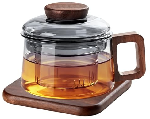 200ml Glas Teetasse mit Deckel und Sieb, Nussbaumholz Losen Teebecher mit Holzuntersetzern und Holzgriff, Teeglas Teebecher aus Borosilikat Glas, Hitzebeständiges Teeglas für Tee-Liebhaber(Grau)