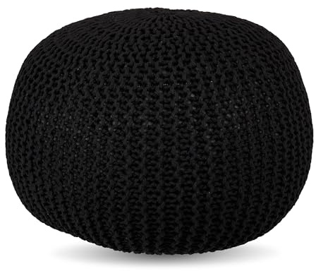 Pouf Relaxdays, Lavorato a Maglia, HxP: 33 x 46 cm, Imbottitura in polistirolo, Cuscino Rotondo, Pouf Boho, Nero
