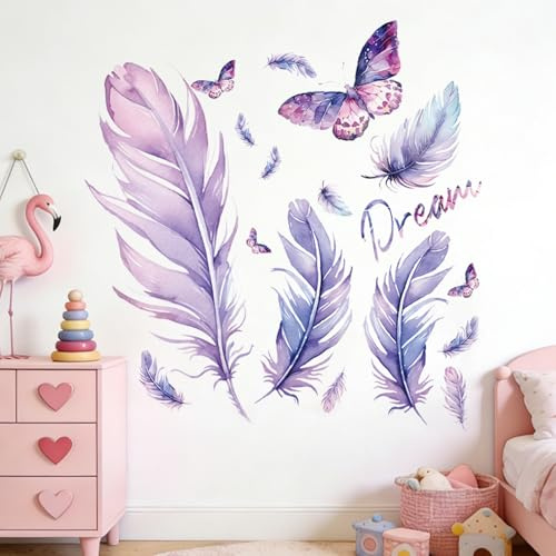 Wandtattoo Schmetterling Feder Lila selbstklebend Wandsticker PVC für Mädchen Kinderzimmer Schlafzimmer Kindergarten