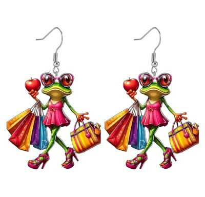 HUVZOR 1 paire Drôle de Boucles d'Oreilles Grenouille Dangle Charms d'Eté Anime,Boucles d'oreilles mignonnes et amusantes pour Femme Fille Cadeaux Bijoux de Printemps(Shopping coloré)