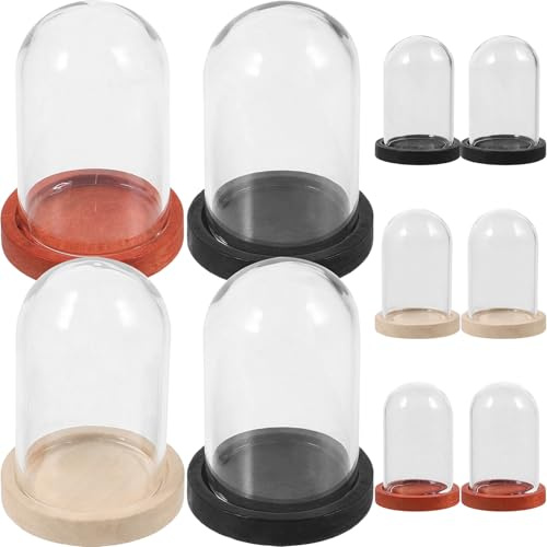 DIYEAH 10 Ensembles Mini Cloche Verre Transparent avec Socle Bois Dome Exposition Clair pour Décoration de Bureau et Présentation de Petits Objets Verre et Réutilisable