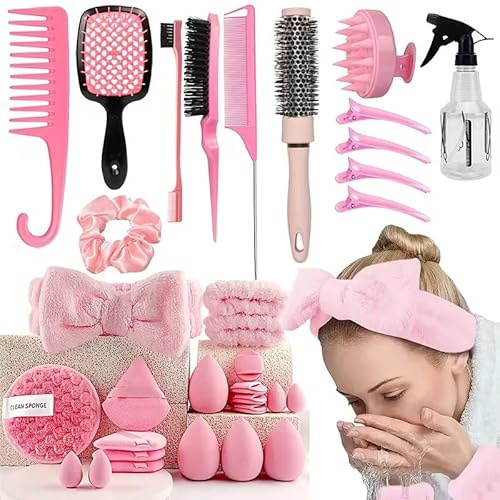 Set 21pcs Skincare con Fascia Capelli Donna Trucco | Fasce Spa per le donne Complete di Spugne e Spazzola Detergente | Fascia Capelli Skincare Donna Polsini Skin Care Assorbente per Makeup(Rosa)