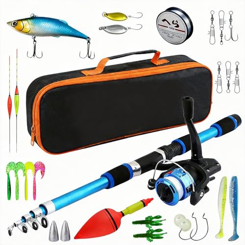 Lot de 2 Canne À Peche Enfant, Kit De Pêche, Canne À Peche Télescopique, 2 Pièces avec Moulinet, Appâts, Gros Flotteurs, Cloche, Sac De Transport