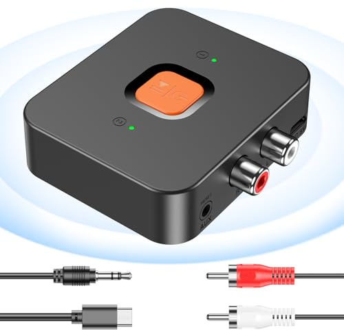 Bluetooth 6.0 Adapter Stereoanlage, Bluetooth Empfänger Receiver mit 3.5mm RCA Kabel Dual AUX Ausgänge für Lautsprecher Stereoanlage, Blue tooth Audio Adapter für Projektoren/Tablet/Handy/AV-Receiver