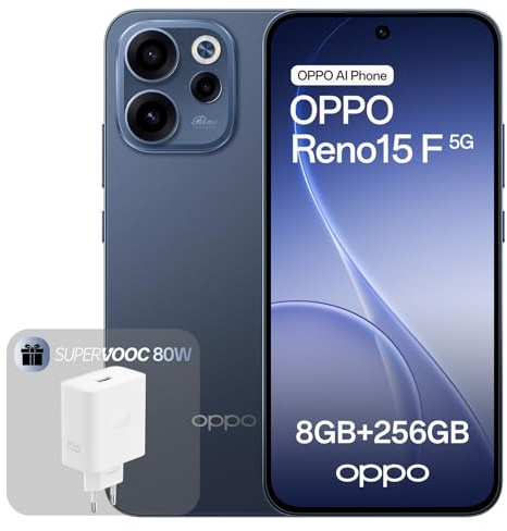 OPPO Reno15 F 5G Smartphone Liberado, 8+256GB, Cámara Ultra Gran Angular 50MP FOV 100°, Pantalla 6.57 120Hz, AI Portrait Glow, Batería 6500mAh, IP69, Twilight Blue (Incluye Cargador 80W SUPERVOOC)