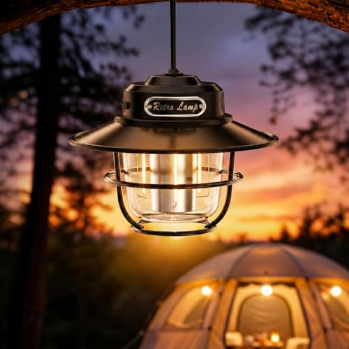 Retro Campinglampe Aufladbar, Mini tragbares Zelt-Notlicht,LED-Mini-Campinglampe 4 Lichtmodi,Stufenlos Dimmbar,wasserdicht Zeltlampe mit USB-C Ladefunktion für Wandern Angeln Camping Notfall
