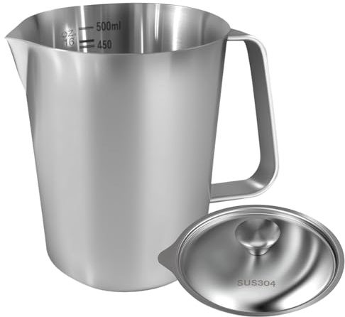 Milk Frothing Pitcher 500ML Stainless Steel Milk Jug with Handle and Lid Rust Proof Large Mouth Metal Graduated Beaker with Clear Marking Barista Accessories for Making Cappuccino Latte Espresso