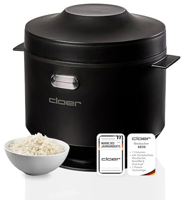 Cloer 6830 Riskokare med 1 l kapacitet, inkl. ånginsats & diskmaskinssäker innergryta, 7-fassteknik, varmhållningsfunktion upp till 24 h, ljudsignal och vattennivåindikator, 350 W