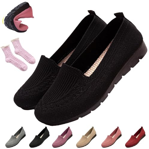 Women's Orthopedic Loafers Slip On Walking Shoes - Breathable Knit Mesh & Non-Slip Soft Sole, Lightweight Arch Support Comfort Flats for Work Travel (Black,5.5)