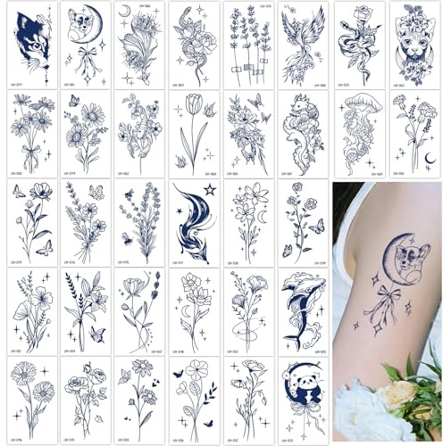 Qpout 34 Sheets Semi-permanente Tattoos für Frauen Mädchen Realistische Temporäre Tattoos Körperkunst-Tattoo-Aufkleber Dunkelblaue Wasserdichte Fake-Tattoos Langlebig 1-2 Wochen