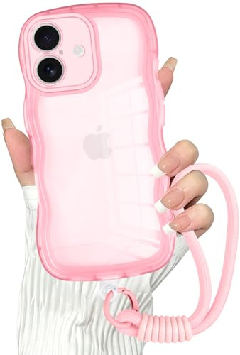 Doxxvai Cover per iPhone 16 con Laccetto Polso, TPU, Bordo Onda, Rosa | Custodia Wavy, Retro Opaco, Anti-Impronta, Protezione Fotocamera Antiurto, Ritagli Precisi per iPhone 16, Presa Antiscivolo