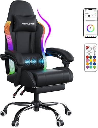 GTPLAYER Gaming Stuhl, Bürostuhl, Gaming Chair mit LED Lichtleiste und Massgefunktion, Gamer Stuhl, Rückenlehne mit Aufbewahrungstasche Ergonomischer PC Stuhl mit Fernbedienung