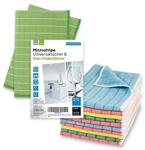 POLYCLEAN 10x strapazierfähiges Microfaser Reinigungstuch (40 x 30 cm, bunt) – leistungsstarke Putztücher inkl. 2X Glas-Poliertuch mit Bambus-Fasern (60 x 40 cm)